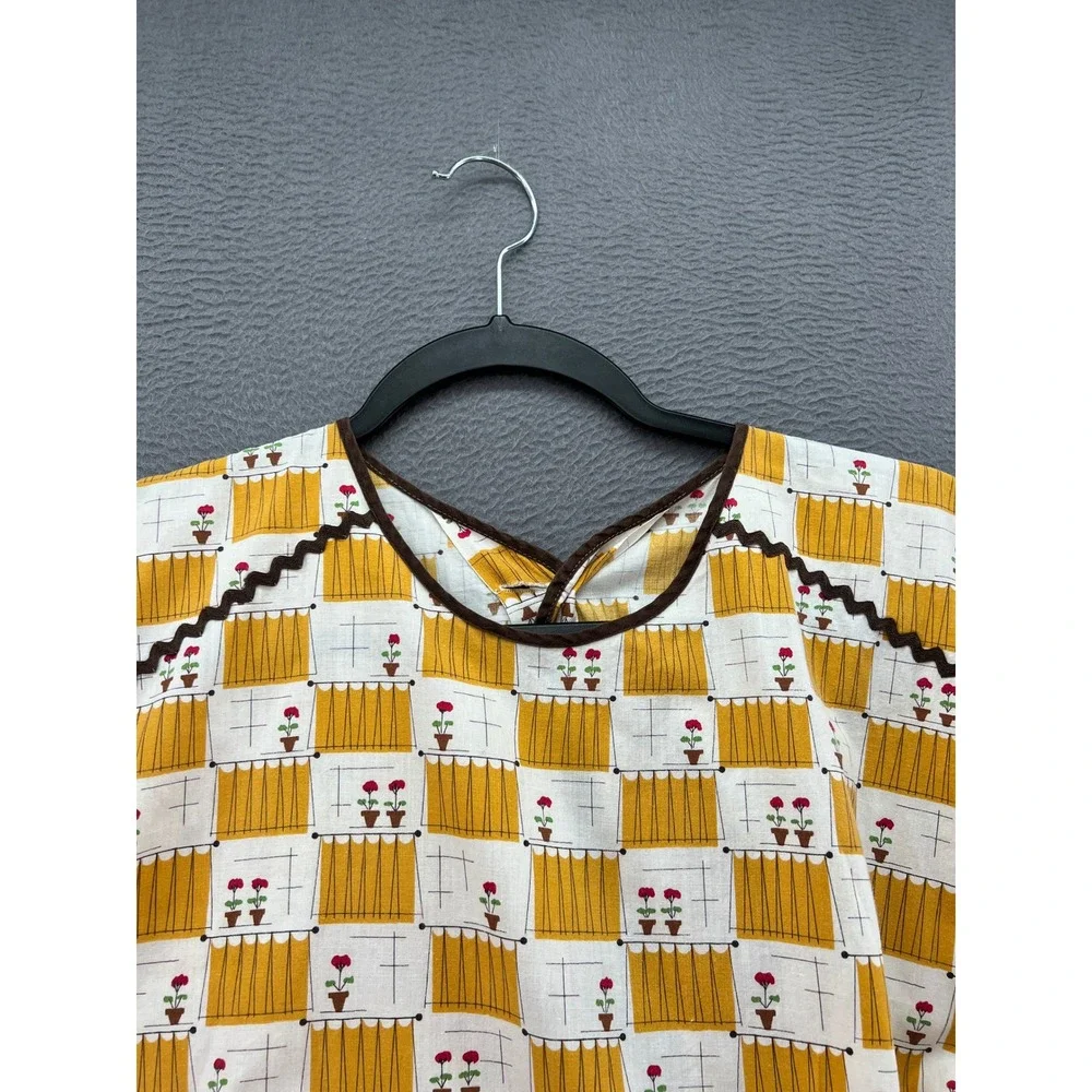 Vintage Yellow Novelty Print Wrap Apron Smock Pockets Rickrack Trim Handmade